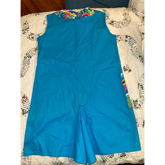VINTAGE 60's TURQUOISE PSYCHEDELIC PRINT MOD COTTON ROMPER PLAYSUIT BEACHWEAR S - Picture 5 of 10